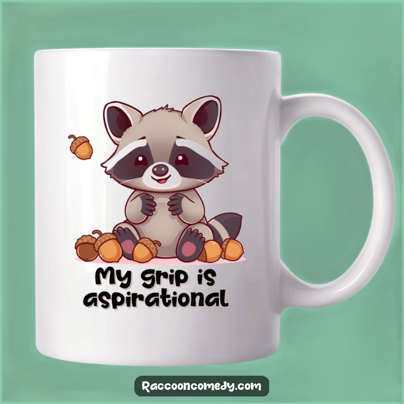 Funny Kawaii Raccoon Mug: Oversized Paws Juggling Acorns, Humorous Gift for Nature Lovers