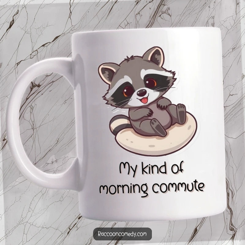 Funny raccoon mug depicting a joyful raccoon sliding down a smooth surface with pure glee and hilarious energy.