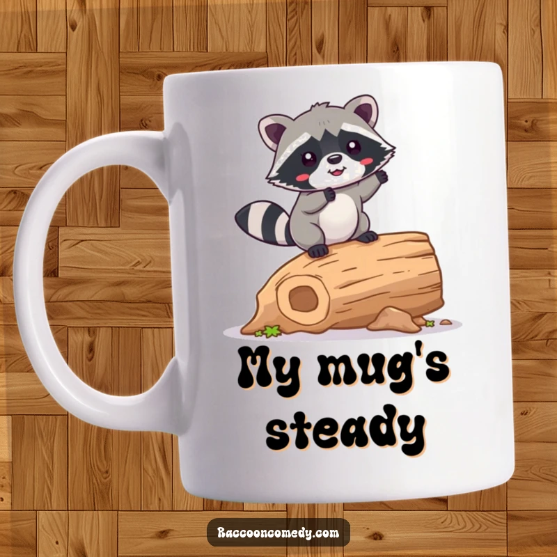 Funny Raccoon Mug: A kawaii raccoon happily wobbling while attempting to balance on a hollow log, embodying pure joy in instability.