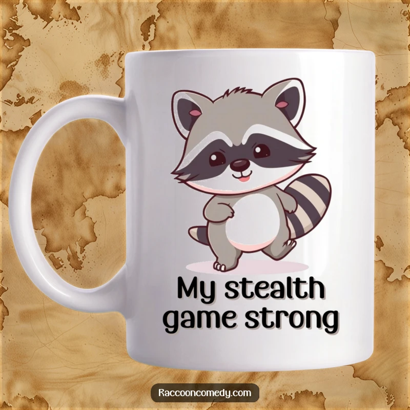 Funny kawaii raccoon mug, tiptoeing with an exaggerated stealthy smile, ready to steal your heart and your coffee.