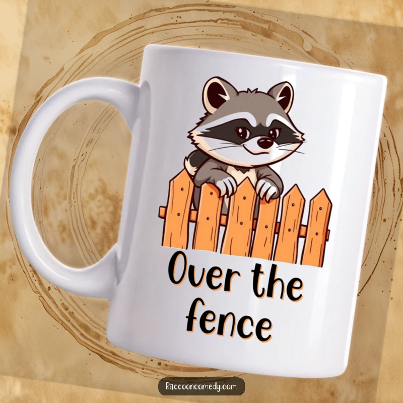 Funny mug art of a raccoon with a sly, mischievous grin scaling a stylized fence, embodying playful escape and daring.