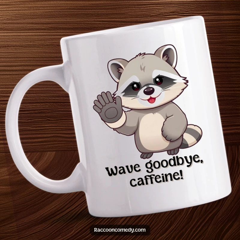 Funny kawaii raccoon in oversized gloves, enthusiastically waving goodbye on a cute mug, perfect for cheerful gifting.