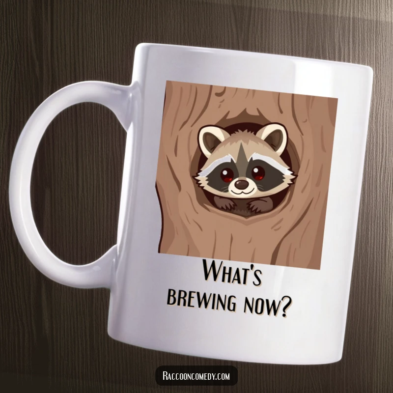 Funny Kawaii Raccoon Mug: A cute raccoon curiously peeking out from a tree hollow.