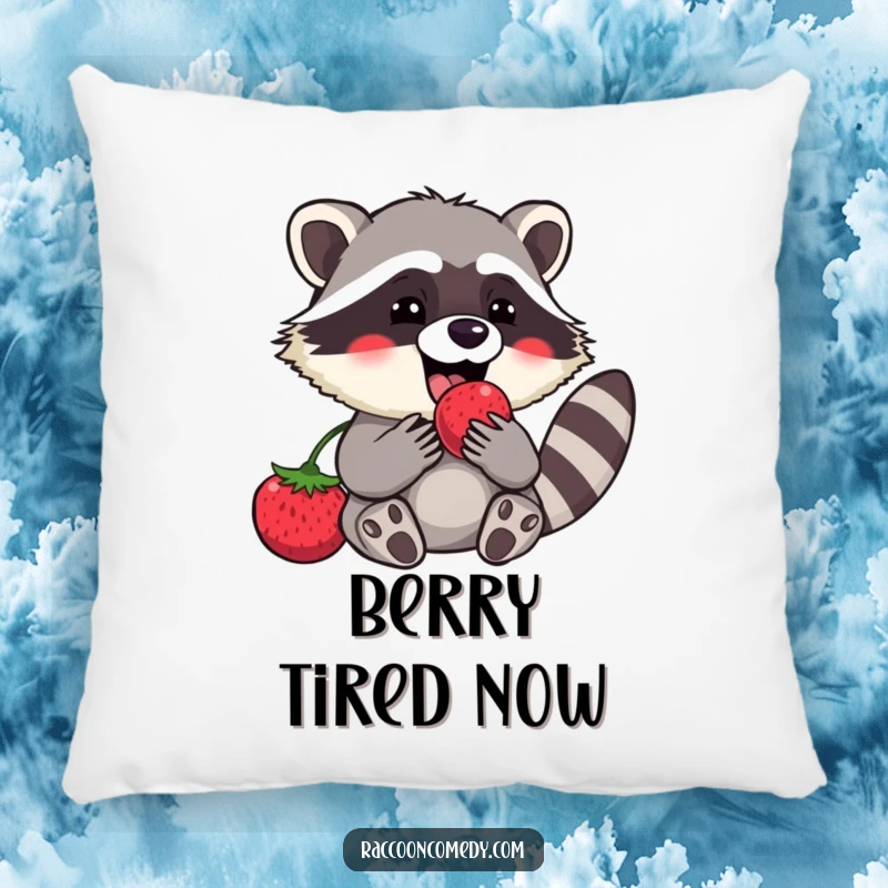 Funny raccoon pillow featuring a content character happily munching on a sweet berry, offering cozy comfort and a touch of playful humor.