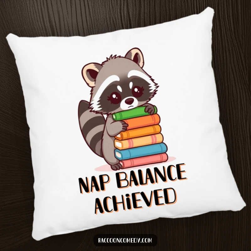 Funny, soft pillow featuring a cute raccoon trying to balance a precarious stack of items, designed for maximum comfort and humor.