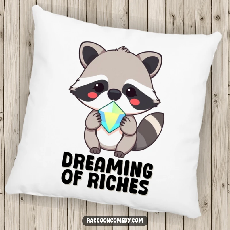 Funny, plush pillow with an irresistibly cute kawaii raccoon offering a sparkling gem, designed for comfort and charm.