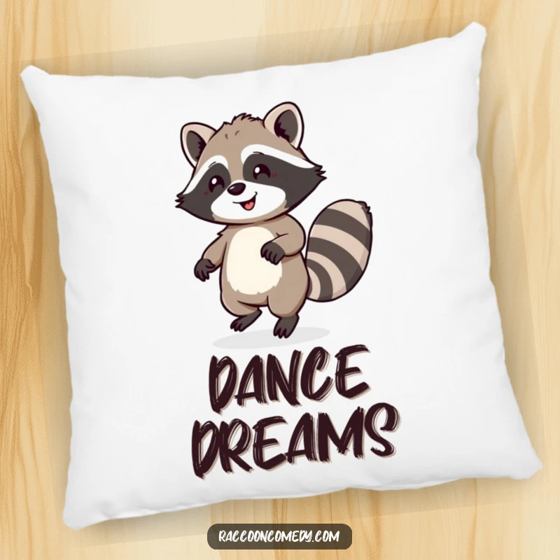 Funny pillow depicting a happy raccoon with a fluffy tail dancing, offering soft comfort and a touch of infectious humor.