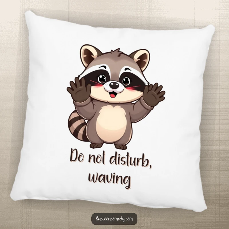 Funny kawaii raccoon waving goodbye, featured on a plush pillow, bringing cozy cheer and cute vibes to any room.