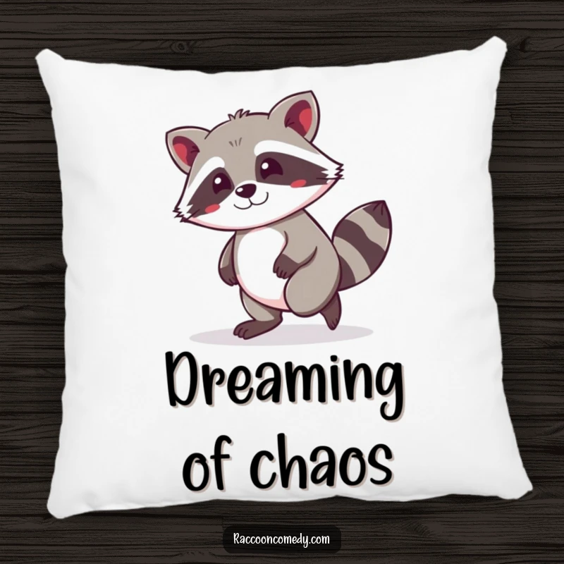 Funny kawaii raccoon tiptoeing with a mischievous grin, printed on a soft pillow, bringing cuddly humor to your space.
