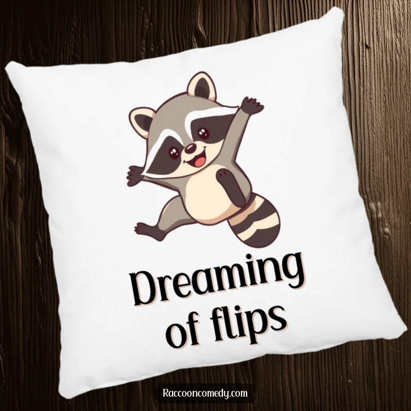 Funny pillow showcasing a smiling raccoon performing a nimble acrobatic flip, adding dynamic and playful decor.