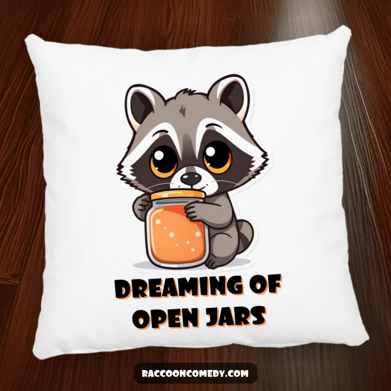 Funny raccoon pillow with a plush illustration of a raccoon with large, round eyes trying to open a jar, a soft funny gift.