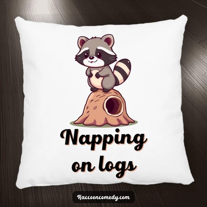 Funny kawaii raccoon wobbling happily on a log, depicted on a soft and humorous pillow for comfort.