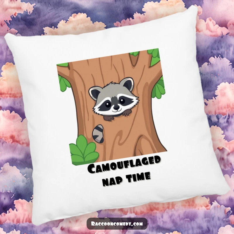 Funny kawaii raccoon pillow, peeking from behind a stylized tree, offering comfort and a peek of fun.