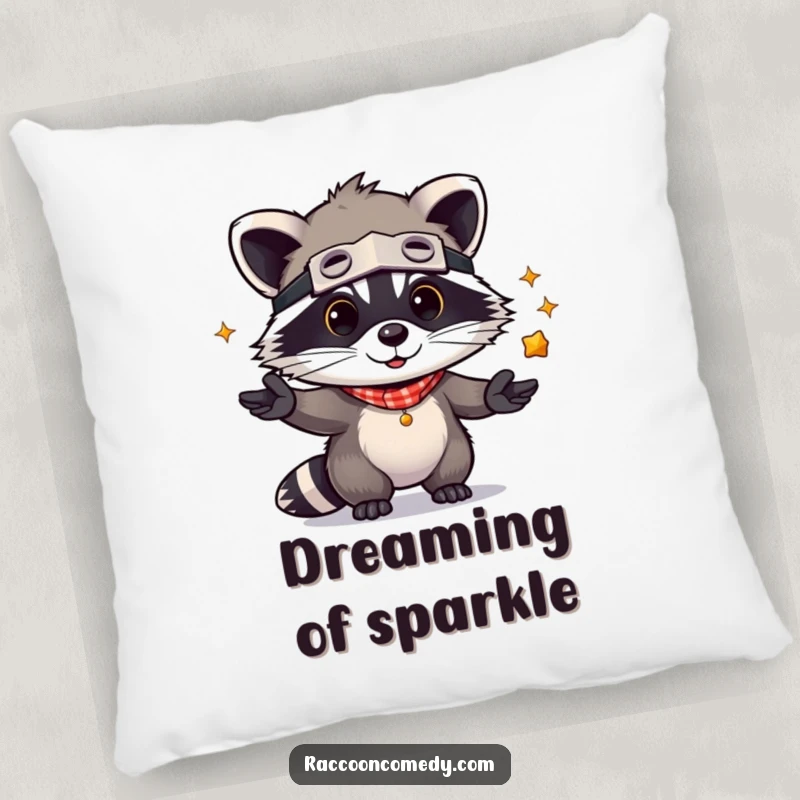 Funny Raccoon Pillow: A kawaii raccoon bandit juggling shiny objects, offering comfort and a touch of playful, adorable charm.