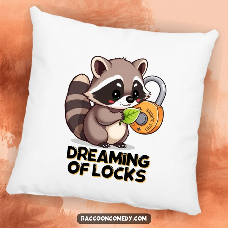 Funny kawaii raccoon using a leaf as a key to unlock a whimsical lock, depicted on a soft and humorous pillow.