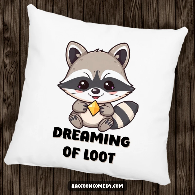Funny kawaii raccoon pillow, wearing a mischievous grin, holding a precious shiny trinket with glee.