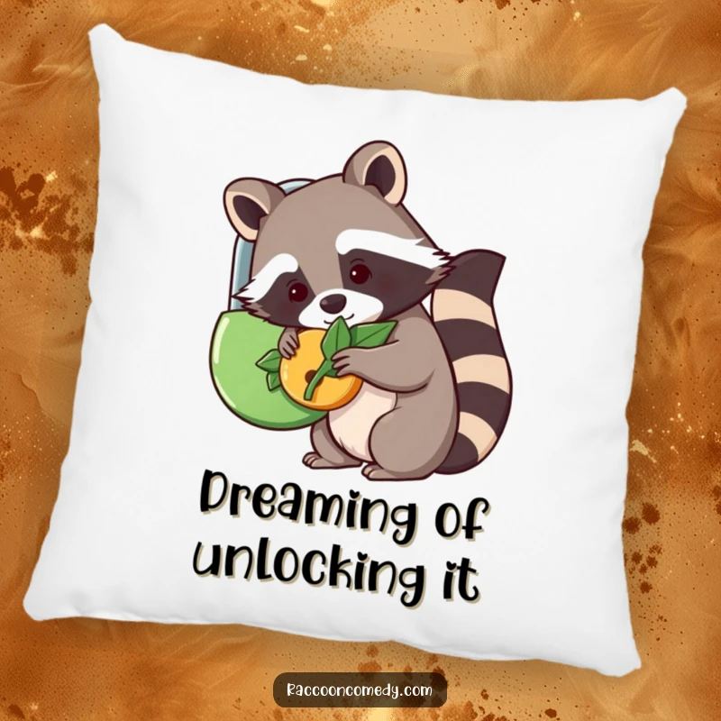 Funny kawaii raccoon trying to unlock a lock with a leaf on a plush pillow, bringing cozy whimsy to your space.