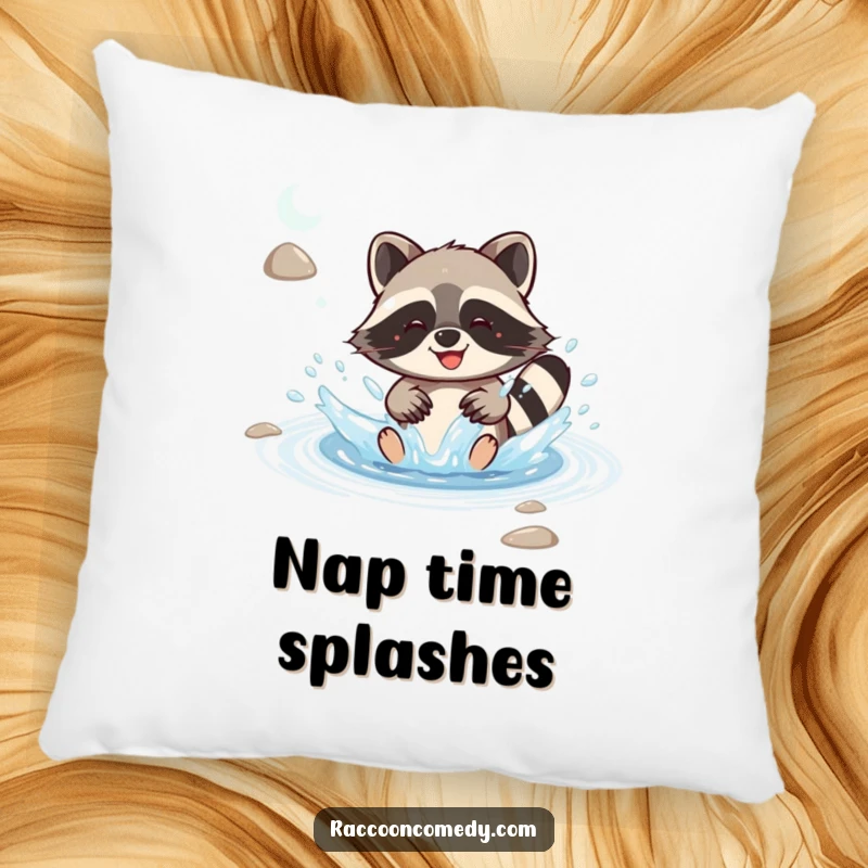 Funny kawaii raccoon joyfully splashing in a stream with delight, presented on a plush pillow for comfort and cheerful vibes.