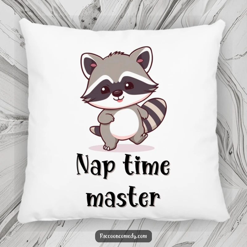 Funny kawaii raccoon pillow, embodying exaggerated stealth with a contented, tiptoeing smile for ultimate comfort.