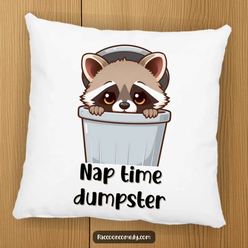 Funny Raccoon Pillow: A kawaii raccoon peeking from a trash can, offering comfort and a touch of playful, adorable charm.