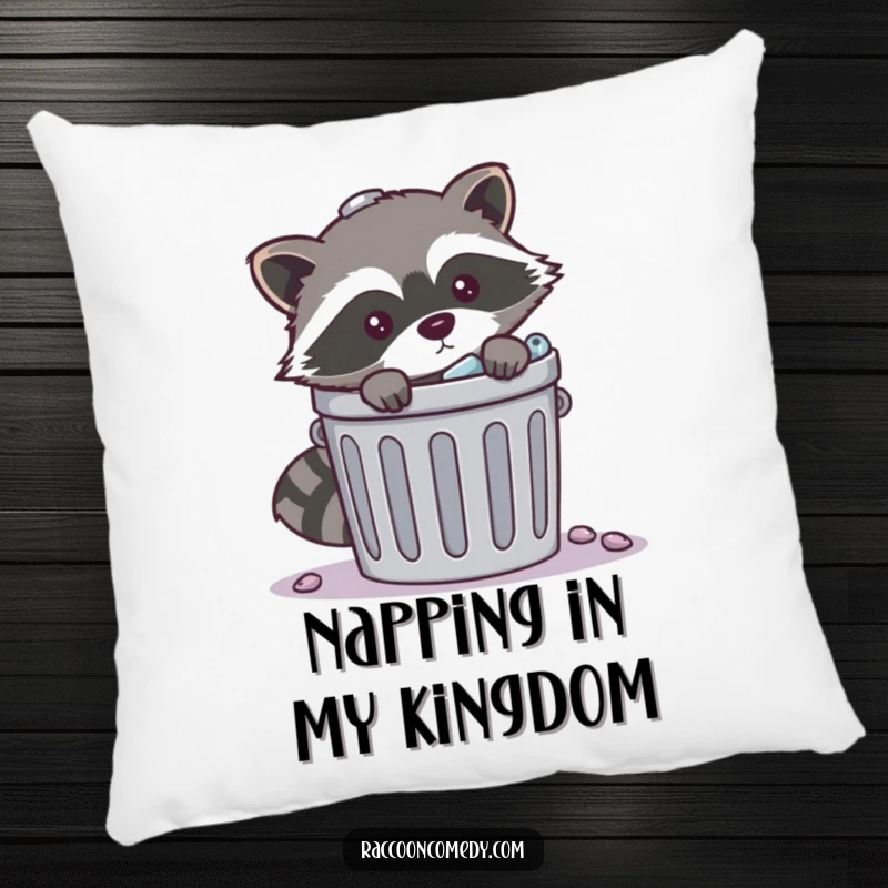 Funny mischievous raccoon trash pillow with a raccoon peeking from behind a trash can, designed for comfortable humor and a touch of playful rebellion.