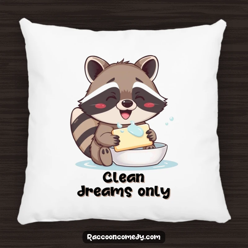 Funny pillow featuring a delighted raccoon with a massive grin, enthusiastically washing a bar of soap.