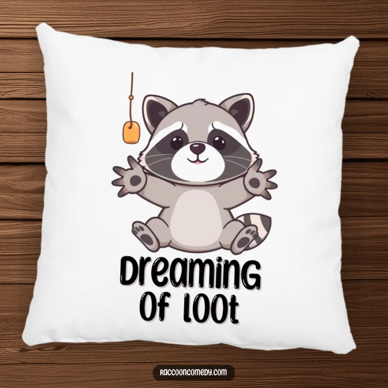 Funny raccoon pillow featuring a cute trash panda with outstretched paws, reaching for a tempting treat, offering soft comfort and a funny visual.
