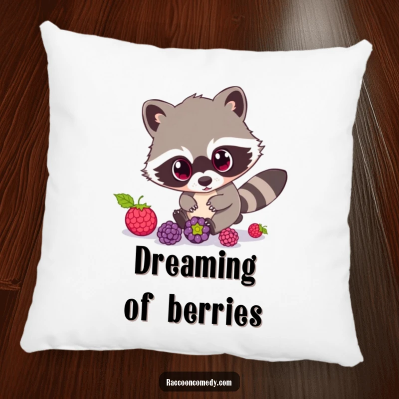 Funny Raccoon Pillow: A soft pillow featuring a raccoon with huge, wide eyes, hilariously chasing rolling berries.