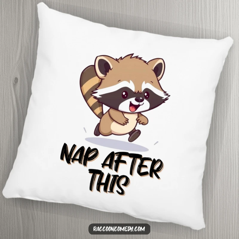 Funny pillow featuring a cute, energetic raccoon cub in a clumsy scamper, offering cozy comfort and a dose of humorous delight.