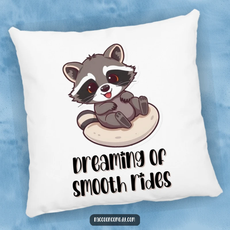 Funny raccoon pillow depicting a joyous raccoon sliding down a smooth surface with pure glee, perfect for adding humor.