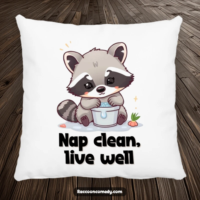 Funny Kawaii Raccoon Pillow: Soft cushion featuring a cute raccoon washing something in a small bucket.