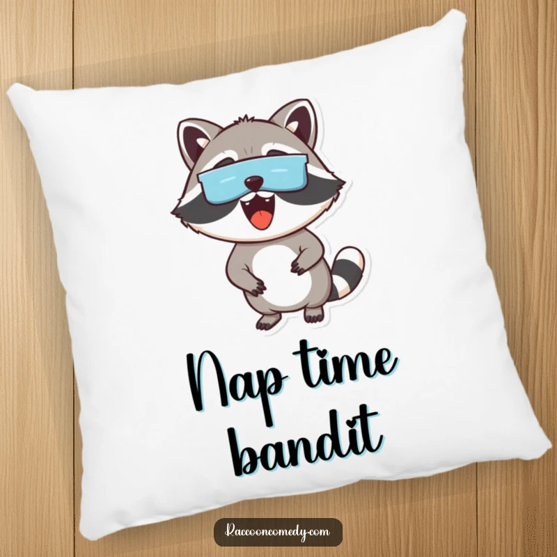 Funny pillow with an excited raccoon wearing a mask, peeking out, offering soft humor and a delightful funny gift.