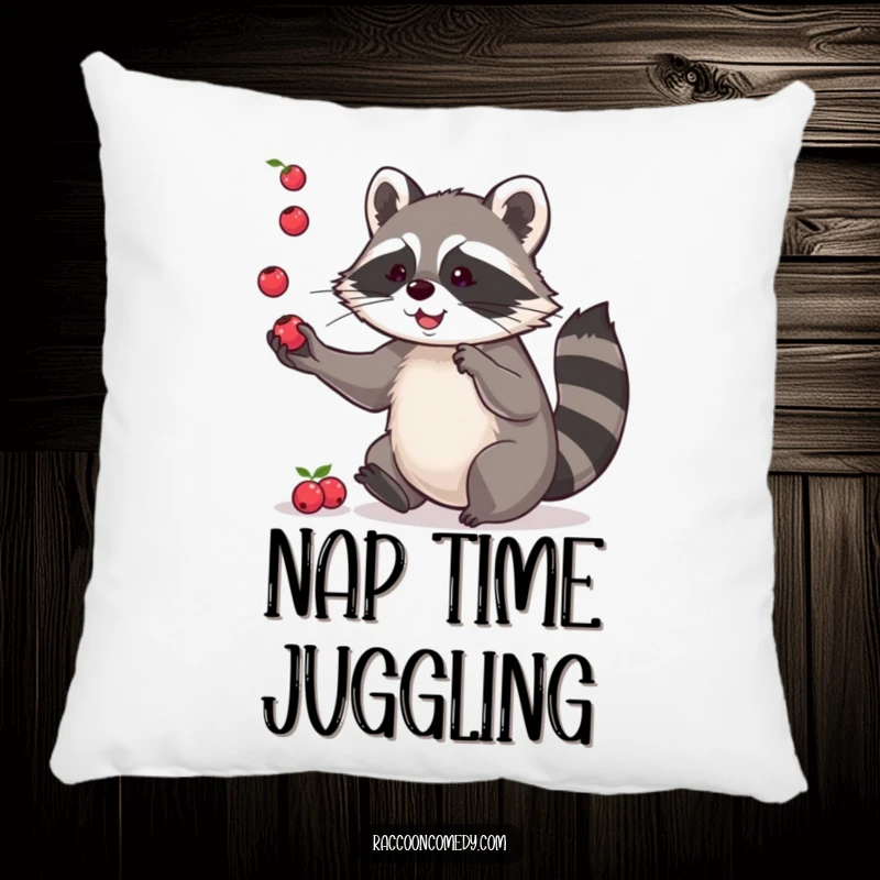 Funny pillow depicting a playful raccoon juggling small berries, offering soft comfort and a touch of humorous dexterity.