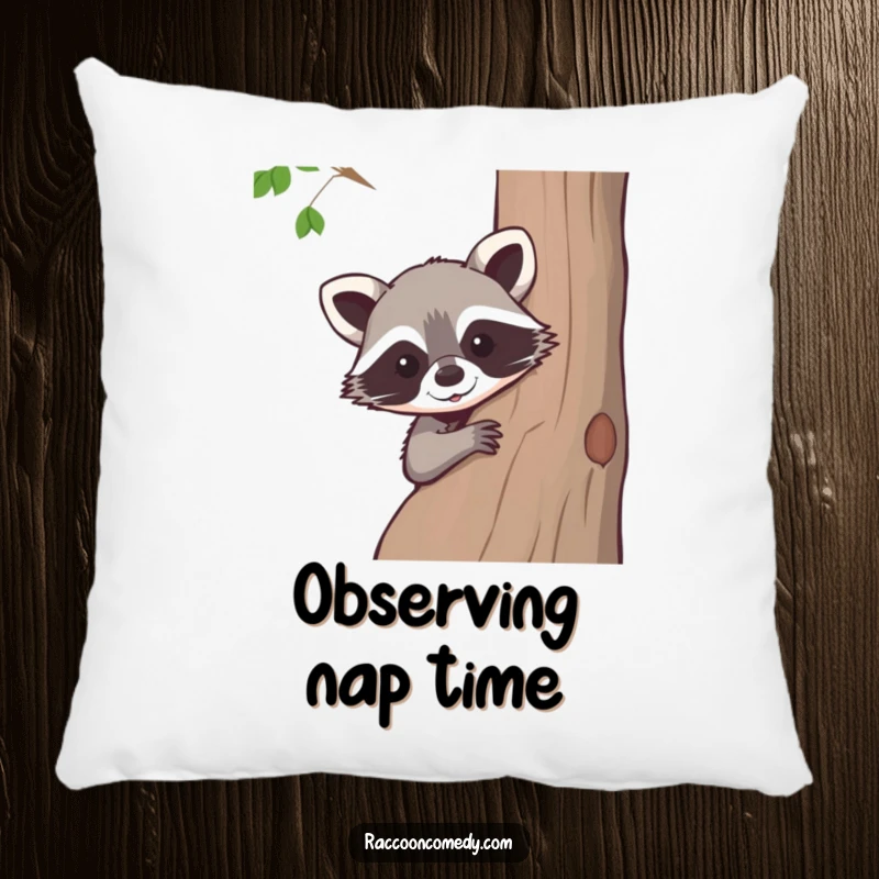 Funny raccoon pillow, soft and comfortable, featuring a cute raccoon peeking from behind a tree, perfect for cozy corners.