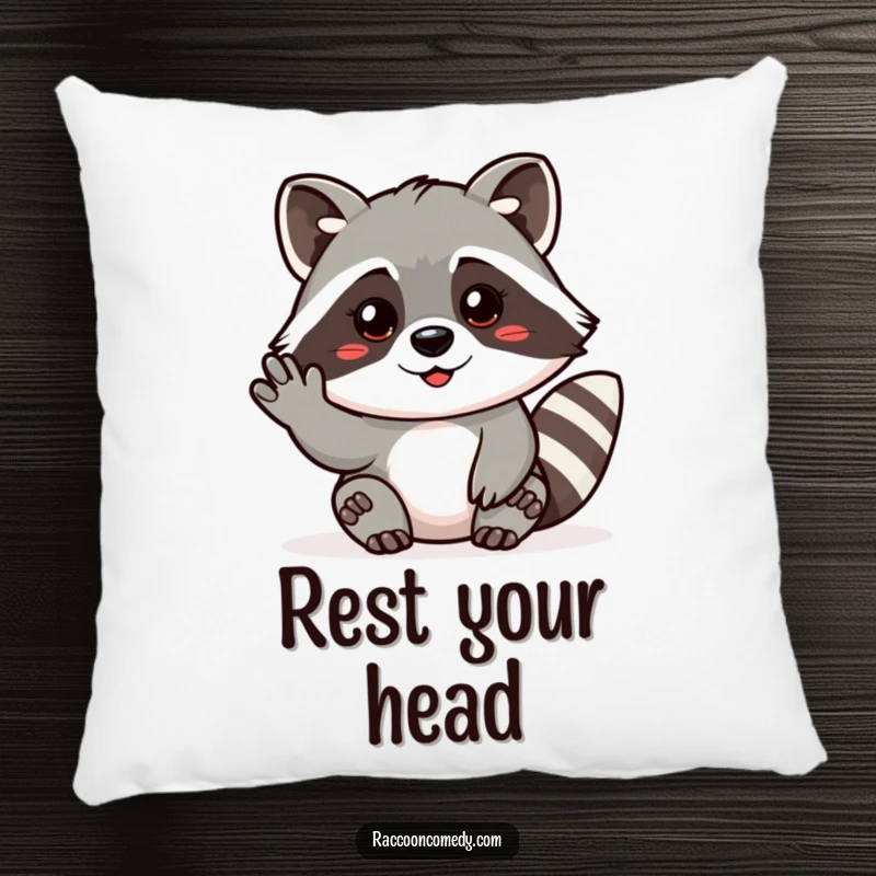 Funny, plush pillow featuring a friendly raccoon giving a gentle beckoning gesture, designed for comfort and warm welcomes.