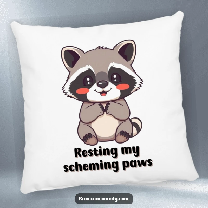 Funny raccoon pillow depicting a cute raccoon with paws clasped, radiating pure, heartwarming delight and gentle humor.