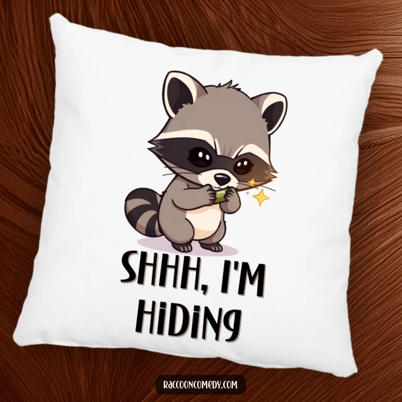 Funny pillow with a soft texture, showing a masked raccoon bandit gleefully stealing a shiny object, perfect for humorous comfort.