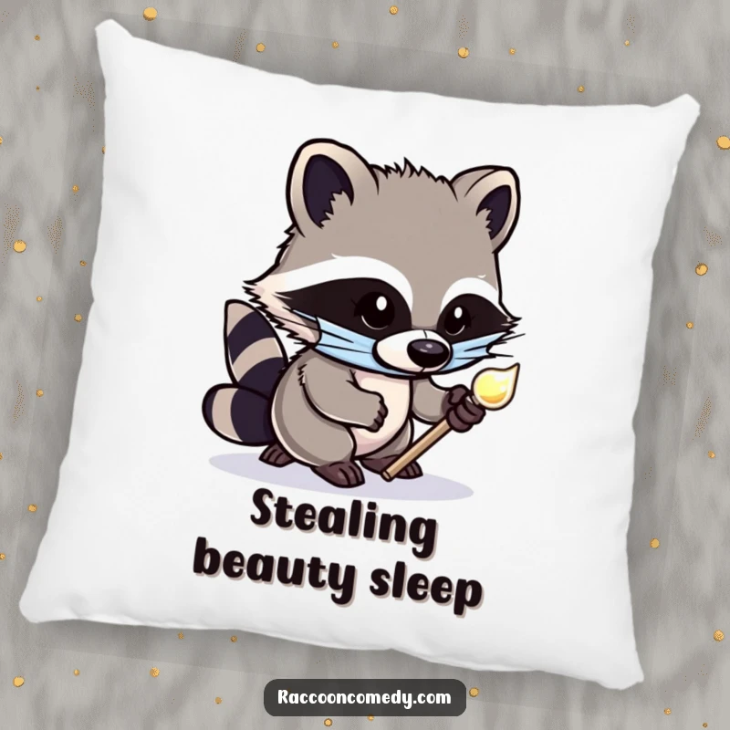 Funny pillow with a soft texture, showing a cute, masked raccoon tiptoeing with a shiny object, adding mischievous comfort to seating.