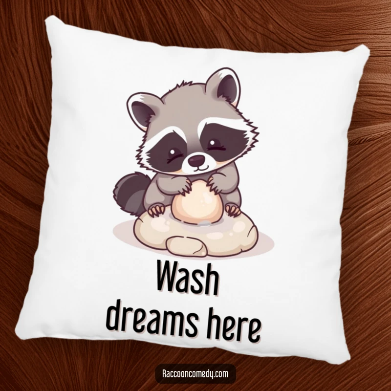 Funny pillow with a soft texture, showing a kawaii raccoon character playfully washing a small, round stone, adding comforting cuteness to any space.