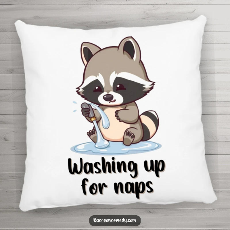 Funny raccoon pillow with a cute character playfully washing a shiny object, adding a touch of whimsical comfort and humor.