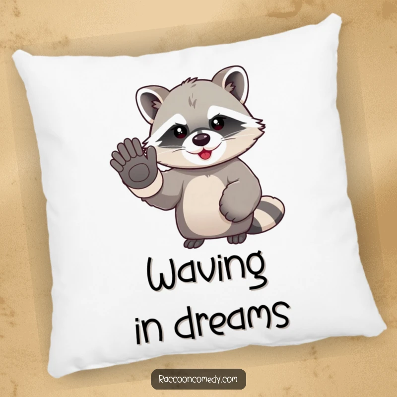 Funny kawaii raccoon wearing oversized gloves, humorously waving goodbye on a soft and cuddly pillow.