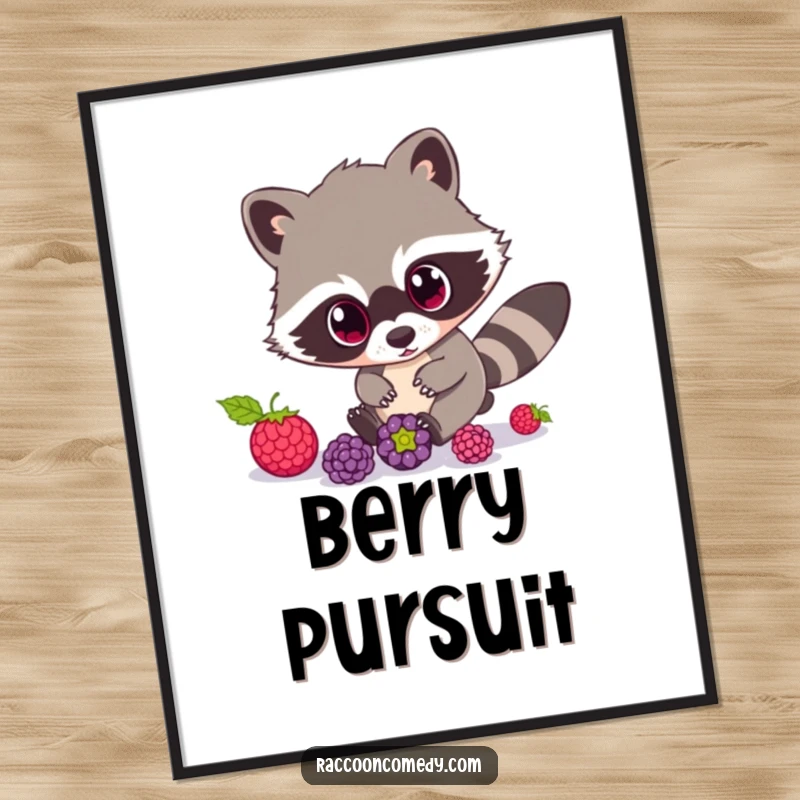 Funny Raccoon Digital Art Print: A whimsical print of a raccoon character with comically wide eyes, humorously in hot pursuit of rolling berries.