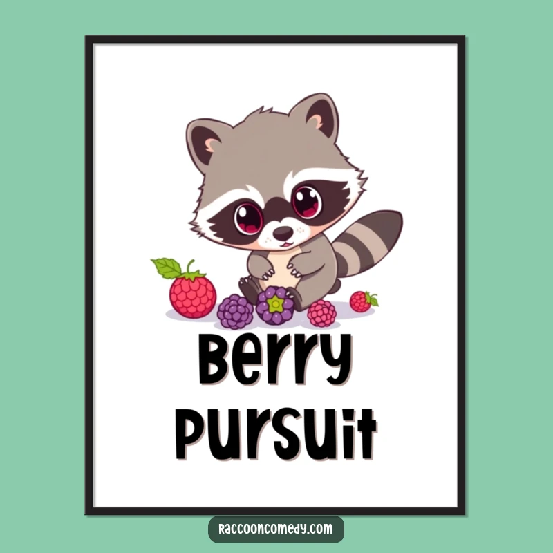 Funny Raccoon Digital Art: Wide-Eyed Berry Chase Print, Unique Funny Gift