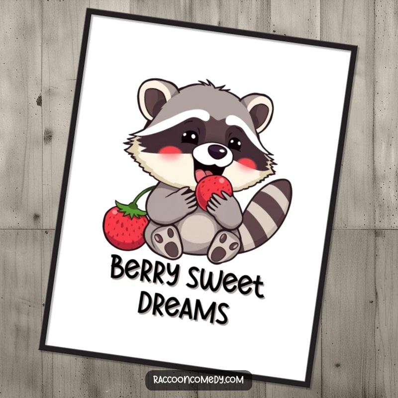 Funny raccoon digital art print showing a delighted character happily consuming a juicy berry, bringing playful, humorous vibes to your walls.