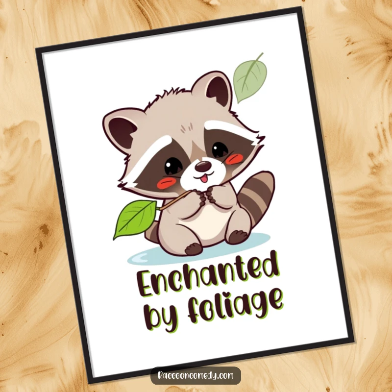 Funny kawaii raccoon playfully batting at a floating leaf, available as a high-resolution digital art print for instant download.