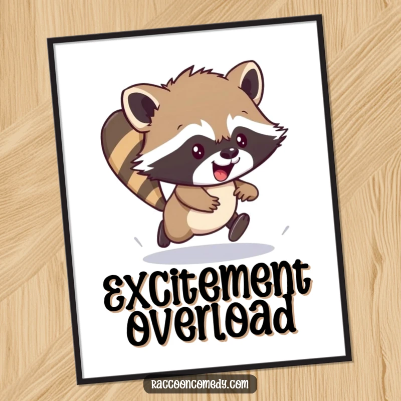 Funny digital art print of an energetic raccoon cub in a clumsy scamper, a delightful and humorous printable wall art.