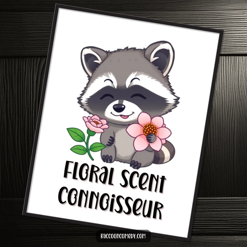 Funny raccoon digital art print showing a creature sniffing a flower with its nose twitching, capturing natural curiosity and charm.