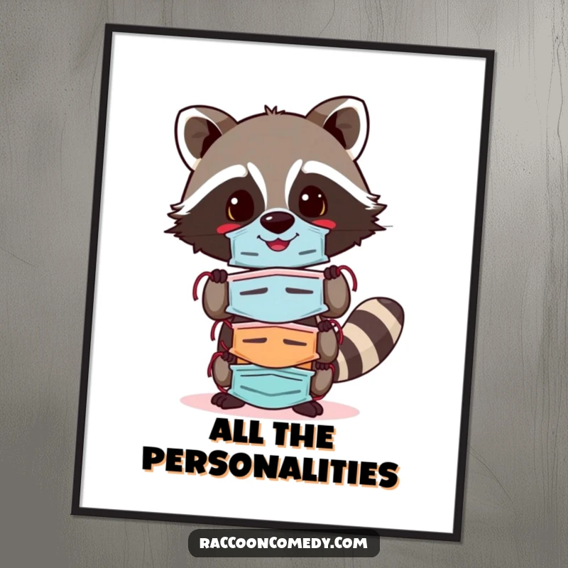 Funny raccoon digital art print of a cheerful raccoon balancing a stack of colorful masks, perfect for adding personality, humor, and adaptability decor.
