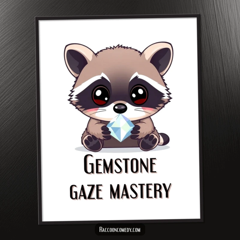 Funny curious raccoon gem digital art print of a raccoon examining a sparkling gem, for immediate wall decor filled with wonder.