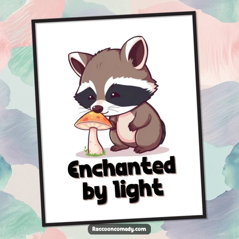 Funny Raccoon Digital Art: A curious raccoon is fascinated by a glowing mushroom, a symbol of wonder.